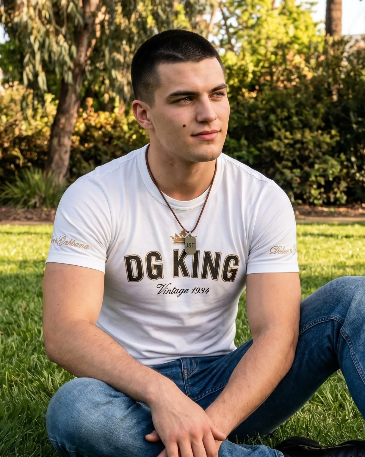 Jacob Monroe sitting on sunlit grass in a white tee and jeans with a leather-cord dog-tag necklace, at golden hour.